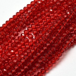 Facetado rondelle cuentas de vidrio transparente hebras, de color rojo oscuro, 3.5x2mm, agujero: 0.5 mm, aproximamente 148 pcs / cadena, 14.9 pulgada