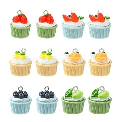 30Pcs 6 Styles Opaque Resin Pendants, Fruit Cupcake Charms, Imitation Food, with Platinum Tone Metal Loops, Mixed Color, 18~19x17~18mm, 5pcs/style