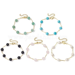 Bracelet chaîne à maillons en perles rondes mélangées naturelles et synthétiques, bracelet en acier inoxydable doré, 7-3/8 pouce (18.7 cm)