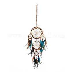 Web / filet tissé en ABS de style indien avec des décorations de pendentifs en plumes, avec des perles en bois et en plastique, recouvert de villosités et cordon de nylon, plat rond, colorées, 815mm