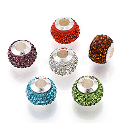 Handgemachte Polymer Lehmrhinestone europäischen Perlen, mit silberfarbenen CCB-Kunststoff-Doppeladern, Großloch perlen, Rondell, Mischfarbe, 12.5~13x10 mm, Bohrung: 4.5 mm