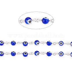 3.28 Feet Handmade Evil Eye Lampwork Round Beaded Chains, with Brass Findings, Unwelded, Long-Lasting Plated, Silver, Medium Blue, 15x3x6x1.8mm, Beads: 6mm