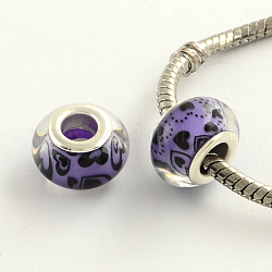 Large Hole Heart Pattern Acrylic European Beads, with Platinum Tone Brass Double Cores, Rondelle, Medium Purple, 14x9mm, Hole: 5mm
