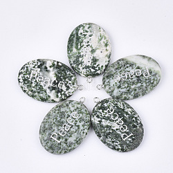 Natürlicher grüner Punktjaspisanhänger, mit  eisernem Zubehör, kantille, oval mit Wort Frieden, Platin Farbe, 43~44x29~30x5~6 mm, Bohrung: 2 mm