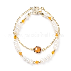 Bracelet multi-rangs en perles de verre et perles naturelles avec chaînes forçat en laiton pour femme, or, verge d'or, 7-1/2 pouce (19 cm)