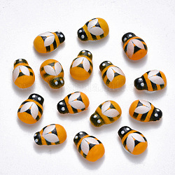 Cabochons aus Ahornholz sprühlackiert, einseitig bedruckt, mit doppelseitigem Kleber, Bienen, orange, 13x9x5~6 mm, Klebstoff: 6 mm Durchmesser