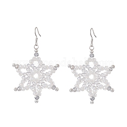 Electroplate Glass & Non-magnetic Synthetic Hematite Beads Dangle Earrings, 304 Stainless Steel Snowflake Jewelry for Women, Clear AB, 67mm, Pin: 0.9mm