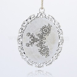 Antique Silver Plated Alloy Glass Oval Big Pendants, with Butterfly Pattern, Colorful, 63x48x7mm, Hole: 3mm