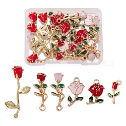 24pcs 6 pendentifs en émail en alliage de style, pour la Saint Valentin, fleurs roses, couleur mixte, 19~38x9~17x2.5~9mm, Trou: 1.2~2mm, 4 pièces / style