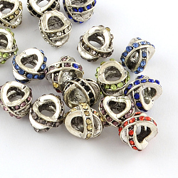 Letter X Antique Silver Plated Metal Alloy Rhinestone European Beads, Large Hole Beads, Mixed Color, 11x8~9x10mm, Hole: 5mm