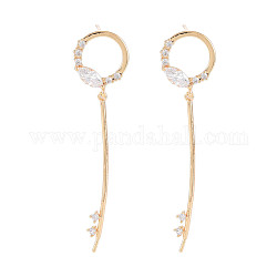 Brass Micro Pave Clear Cubic Zirconia Stud Earring Findings, for Half Drilled Beads, Nickel Free, Flat Round, Real 18K Gold Plated, 50.5x12.5mm, Pin: 0.6mm, pin: 0.7(for half drilled beads)
