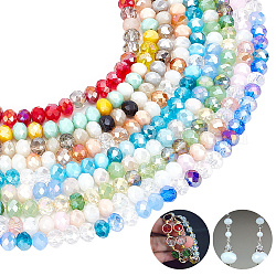 Aricraft 9 brins 9 brins de perles de verre galvanisées de couleur, de couleur plaquée ab , facette, rondelle, couleur mixte, 7.5~8x6mm, Trou: 1.5mm, Environ 69~72 pcs/chapelet, 16.54 pouce ~ 17.24 pouces (42 cm ~ 43.8 cm), 1 brin / couleur