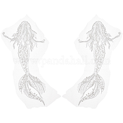 BENECREAT 2Pcs Mermaid Computerized Embroidery Cloth Sew On Sequins Patches, Beaded Appliques, Stick On Patch, with Crystal Rhinestones and Imitation Pearl, Costume Accessories, White, 290x145x4mm