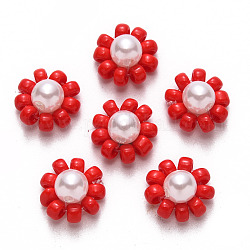 Glass Seed Beads Charms, with ABS Plastic Imitation Pearl and Golden Tone Brass Findings, Flower, Red, 10x5mm
