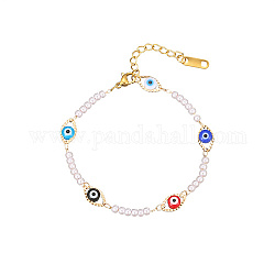 Bracelets en acier inoxydable pour femmes, chaîne à maillons mauvais œil en émail, avec des perles en plastique imitation perles, or, colorées, 6-1/4 pouce (16 cm)