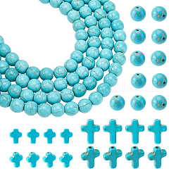 Arricraft 230pcs 3 styles perles turquoises synthétiques, teinte, croix et ronde, turquoise, 8~16x8.5~12x3.5~4mm, Trou: 1~1.5mm