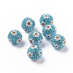 Perline strass polimero argilla, perline palla di disco, rotonda con fiore, acquamarina, 16mm, Foro: 1.6~1.8 mm