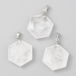 Facettierte natürliche Quarzkristallanhänger, Anhänger aus Bergkristall, mit platinen Messing Zubehör  , Hexagon, 28x25x9 mm, Bohrung: 4x5 mm