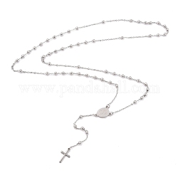 304 colliers de perles de chapelet en acier inoxydable pour la religion, avec ovale avec maillon vierge marie et pendentifs croix, couleur inoxydable, 62~63 cm