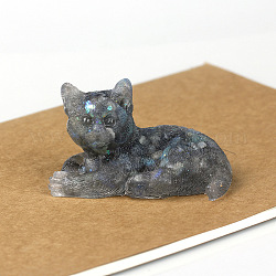 Natural Labradorite Cat Display Decorations, Sequins Resin Figurine Home Decoration, for Home Feng Shui Ornament, 80x50x50mm