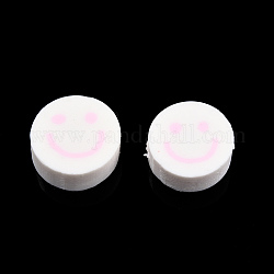 Handmade Polymer Clay Beads, Flat Round with Smiling Face, Pink, 9~10x4mm, Hole: 1.2~1.6mm