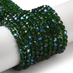 Placcare trasparente perle di vetro fili, sfaccettato, tondo, arcobaleno placcato, verde scuro, 4mm, Foro: 0.7 mm, circa 88~95pcs/filo, 12.99~14.06 pollice (33~35.7 cm)