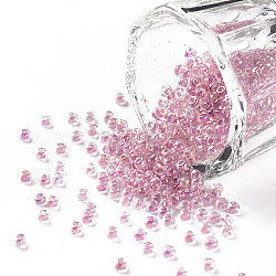 Perline di semi di vetro rotonde di grado 11/0, colori all'interno trasparenti, ab colore placcato, perla rosa, 2.3x1.5mm, Foro: 1 mm, circa 48500pcs/libbra