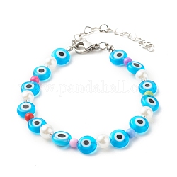 Mauvais œil bracelets de perles au chalumeau faits à la main pour les femmes, bracelets de perles en plastique acrylique et abs, bleu profond du ciel, 7-1/4 pouce (18.5 cm)