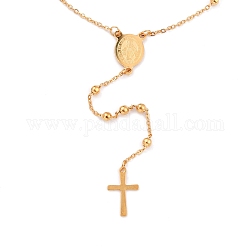 304 Stainless Steel Rosary Bead Necklaces For Religion, with Oval with Virgin Mary Link and Cross Pendants, Golden, 62~63cm
