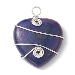 Colgantes envueltos en alambre de cobre lapislázuli natural, charms del corazón, Plateado de larga duración, color plateado, 37.5~39.5x31~32x9.5mm, agujero: 4 mm