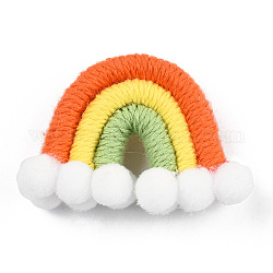 Polycotton(Polyester Cotton) Woven Rainbow Wall Hanging, Macrame Woven Rainbow with Pompom, Coral, 35~37x48~52x16~17.5mm