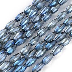 Chapelets de perles en verre électrolytique , plein arc-en-plaqué, forme de riz, bleu acier, 8.5x4mm, Trou: 1mm, Environ 72 pcs/chapelet, 24.57'' (62.4 cm)