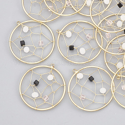 Pendentifs en laiton, perles de verre, rond et plat avec web, véritable 18k plaqué or, 32x30x4mm, Trou: 1mm