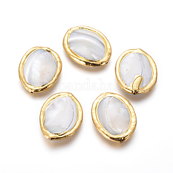 Muschel perlen, mit vergoldenden Messing Zubehör, Oval, Blumenweiß, golden, 30~31x22~24x4~6 mm, Bohrung: 0.7 mm