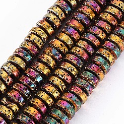 Electroplated Natural Lava Rock Beads Strands, Flat Round/Disc, Heishi Beads, Bumpy, Colorful, 8.5x4mm, Hole: 1mm, about 104~105pcs/strand, 15.75 inch~15.94 inch(40cm~40.5cm)