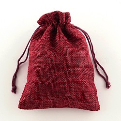 Polyester Imitation Burlap Packing Pouches Drawstring Bags, Dark Red, 18x13cm