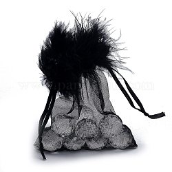 Organza Gift Bags, with Drawstring and Feather, Jewelry Pouches Bags, for Wedding Party Candy Mesh Bags, Rectangle, Black, 12x10x0.07cm