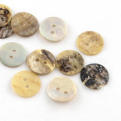 2-hole bottoni di madreperla mare rotonda e piatta, cammello, 10~11x1~2mm, Foro: 1 mm