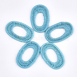 Pendentifs tissés en corde de polyester ciré, avec les accessoires en fer, ovale, bleu ciel, 47~48x30~31x3mm