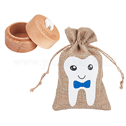 FINGERINSPIRE Column Wood Deciduous Teeth Storage Boxes, with Rectangle Linen Cute Baby Tooth Print Drawstring Bags, Blue, Box: 5.1x4.05cm, Inner Diameter: 3.75cm