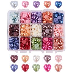 Pandahall élite environ 525 pièces abs imitation perle acrylique cabochons en forme de coeur teints à dos plat perles scrapbook perles, 10.5x10.5x5mm, 15 couleurs