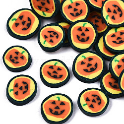 Handmade Polymer Clay Cabochons, Flat Round with Halloween Pumpkin Jack O Lantern, Dark Green, 10~11x9~11x1~2mm, about 5750pcs/1000g