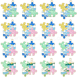 Sunnyclue 24 pièces 4 couleurs pendentifs en alliage plaqué or émail, forme de puzzle, colorées, 33x29x1.2mm, Trou: 1.8mm, 6 pcs / couleur