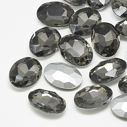 Cabujones de cristal con rhinestone, espalda plateada, facetados, oval, diamante negro, 18x13x5.5mm