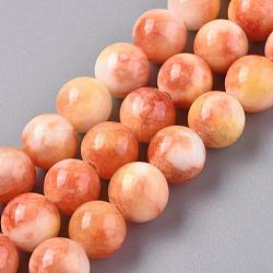 Chapelets de perles de jade blanche naturelle, teinte, ronde, orange, 8mm, Trou: 1mm, Environ 50 pcs/chapelet, 16 pouce