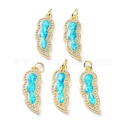 Rack Plating Brass Micro Pave Cubic Zirconia Pendants, Synthetic Opal Wing Charms with Jump Ring, Cadmium Free & Lead Free, Long-Lasting Plated, Real 18K Gold Plated, Cyan, 24x9x3mm, Hole: 3.4mm