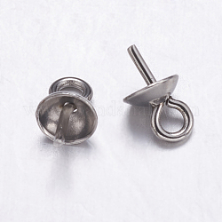 304 tasse en acier inoxydable perle peg bails pin pendentifs, pour la moitié de perles percées, couleur inoxydable, 8.5x5mm, Trou: 2mm, pin: 0.7 mm