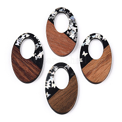 Opaque Resin & Walnut Wood Pendants, Oval Charms with Butterfly Paillettes, Silver, 35.5x22x3.5mm, Hole: 16x10mm