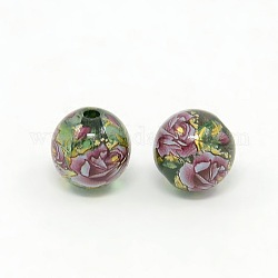Flower Printed Transparent Acrylic Round Beads, Olive Drab, 14mm, Hole: 2mm