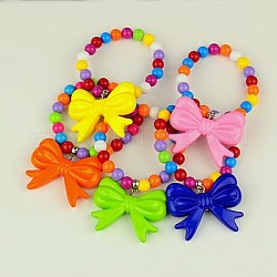 Fashion Acrylic Bracelets for Kids, Stretch Bracelets, with Acrylic Bowknot Pendants and Tibetan Style Hangers, Mixed Color, 45mm